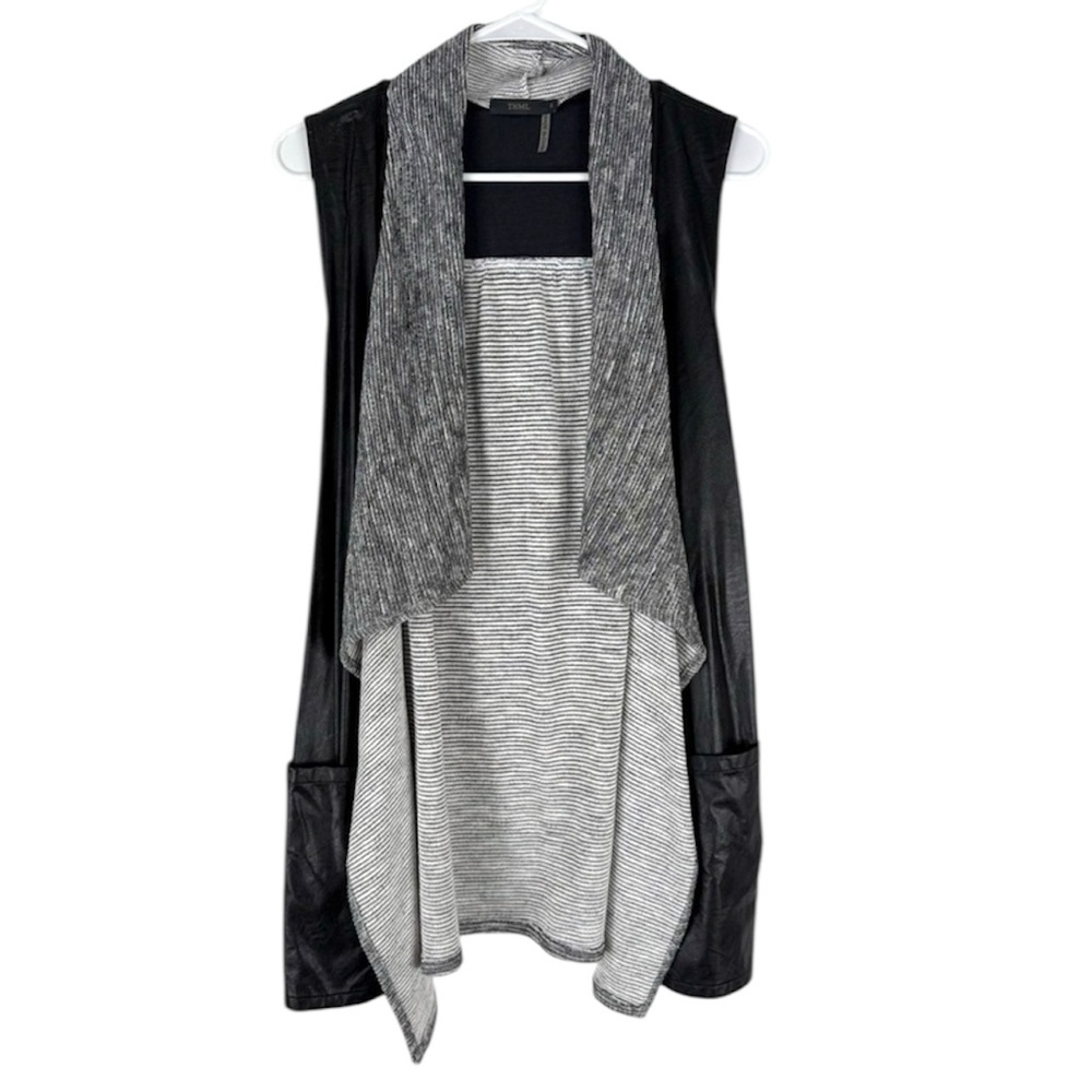 THML Waterfall Vest Faux Leather Trim Open Front Knit Layering Black Gray Small